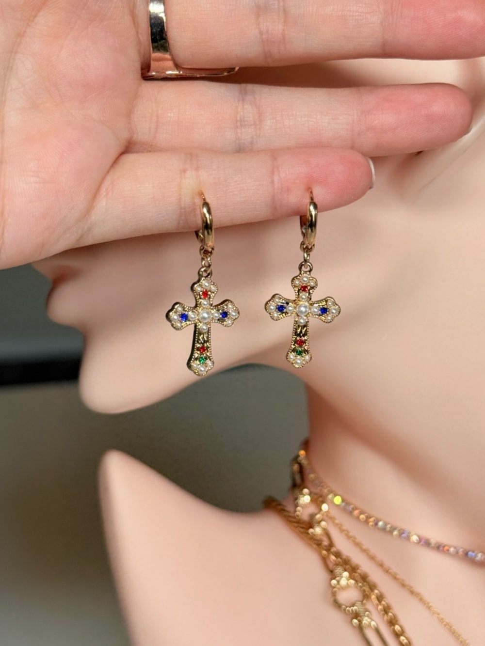 Gothic Cross Earring with Multicolor Stones LO013-1 - Picture 10 of 12